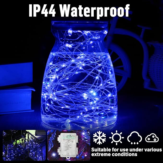 LAMPHOME 100 LED Blue Fairy Lights Battery Operated, Mini Battery Powered Copper Wire Starry String Lights,Light Length 32.5Ft, Multi Functions & Timer, with Remote Indoor/Outdoor use