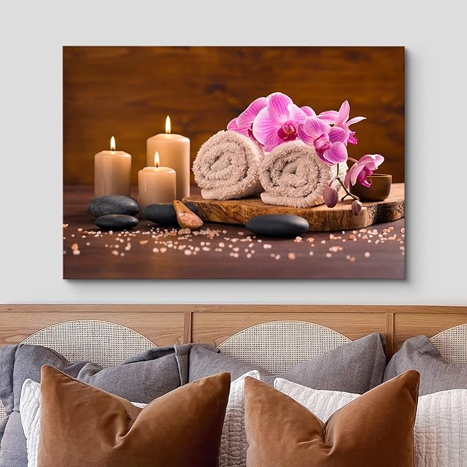 wall26 Canvas Print Wall Art Meditation Orchid Flower Massage Stones Zen Candles Nature Wilderness Photography Realism Rustic Landscape Colorful Multicolor for Living Room, Bedroom, Bathroom - 16"x24"