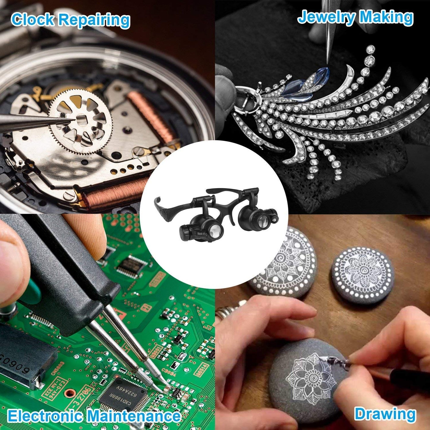 Kingscope LED Illuminated Double Eye Jeweler Watch Repair Magnifying Glasses Loupe Headband Magnifier -8 Interchangeable Lens: 2.5X/4X/6X/8X/10X/15X/20X/25X