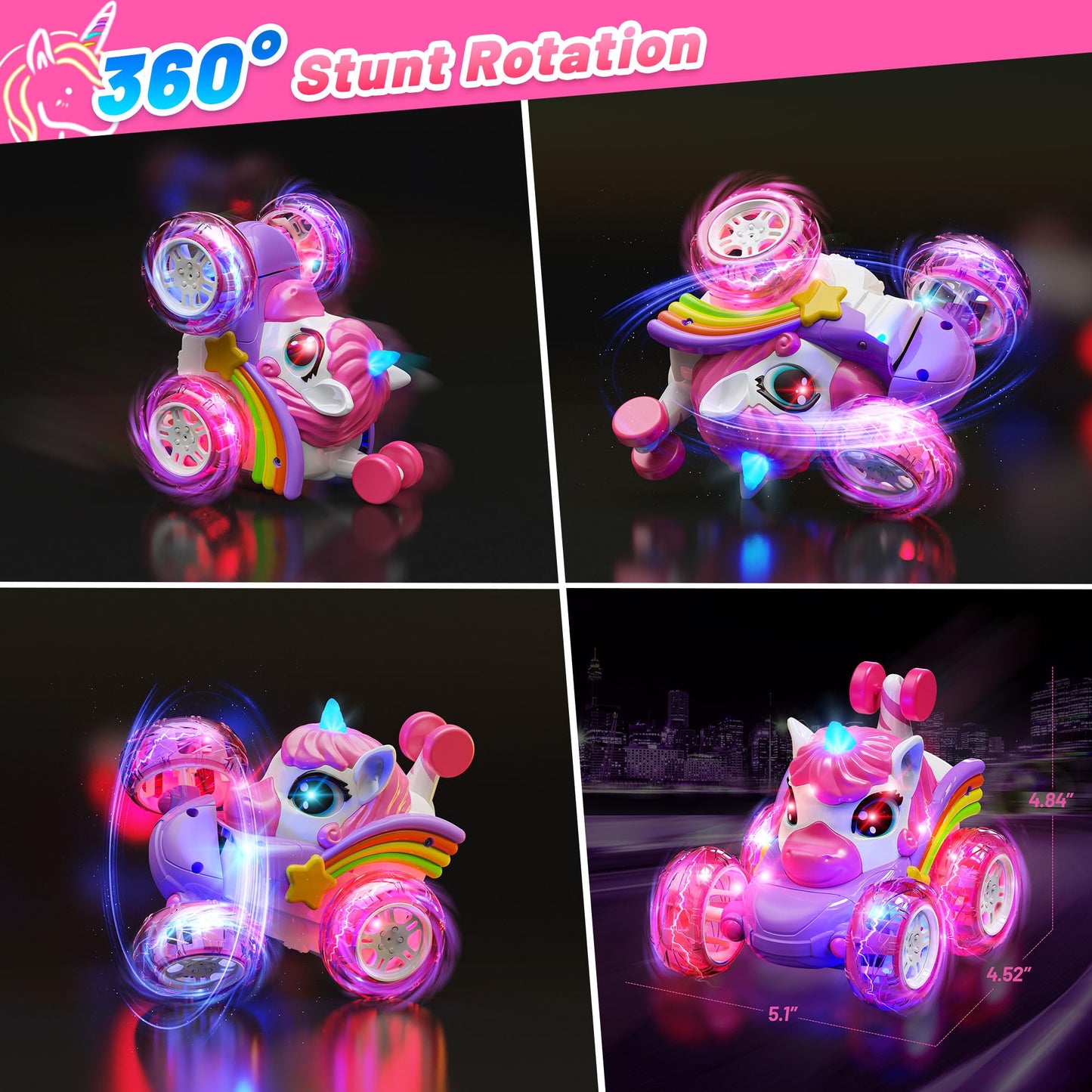 Carsky Unicorn Remote Control Car for Girls,Rechargeable 360°Stunt RC Cars Rotation 4WD Remote Cars with LED Lights,Fun Indoor Outdoor Toys for Kids,Chritmas Birthday Gift for 3 4 5 6 Year Old Girl