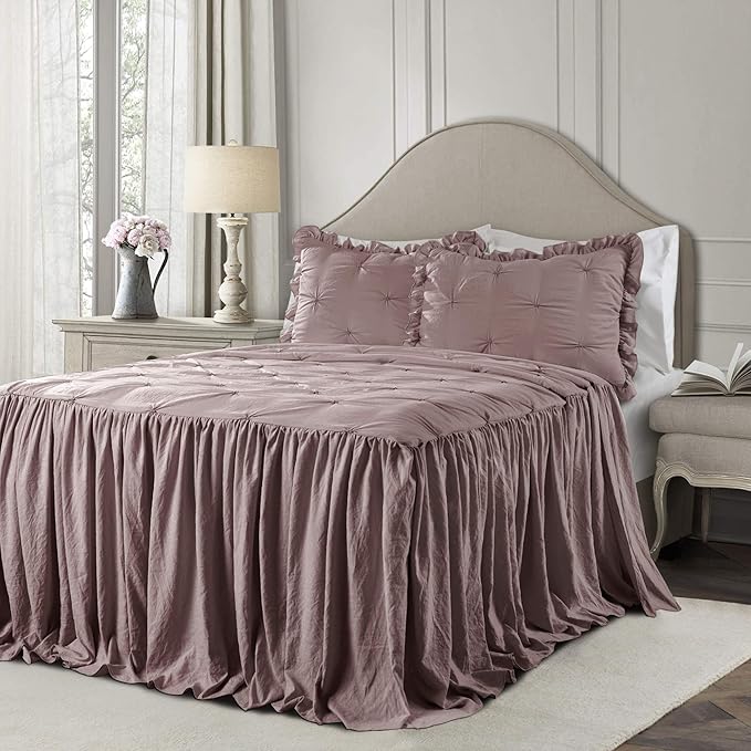 Lush Decor Ravello Pintuck Ruffle Skirt Bedspread Set - Luxe 3 Piece Ruffled Bedding Set - Traditional Glam & Farmhouse Inspired Bedroom Decor - King, Woodrose