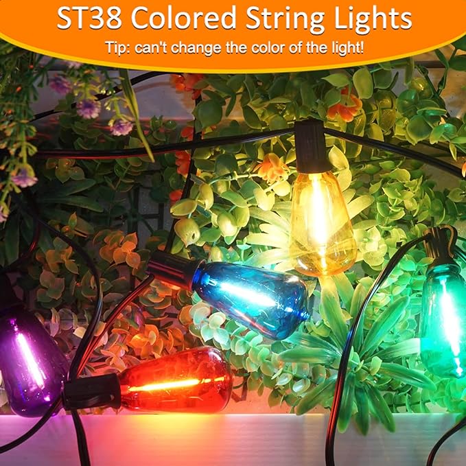 Achin 50FT Outdoor String Lights Multicolor Patio Lights Waterproof with 25+2 LED ST38 Colored Bulbs Shatterproof, Colorful String Lights for Christmas, Party, Holiday
