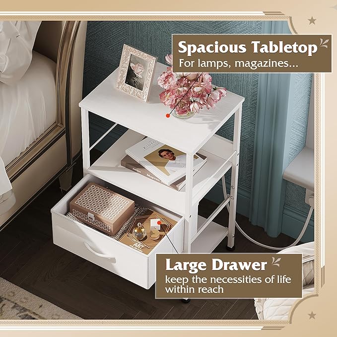 WLIVE White Night Stand with Charging Station, LED Nightstand with Adjustable Fabric Drawer, 3-Tier Storage Bedside Table, Small End Side Tables for Bedroom