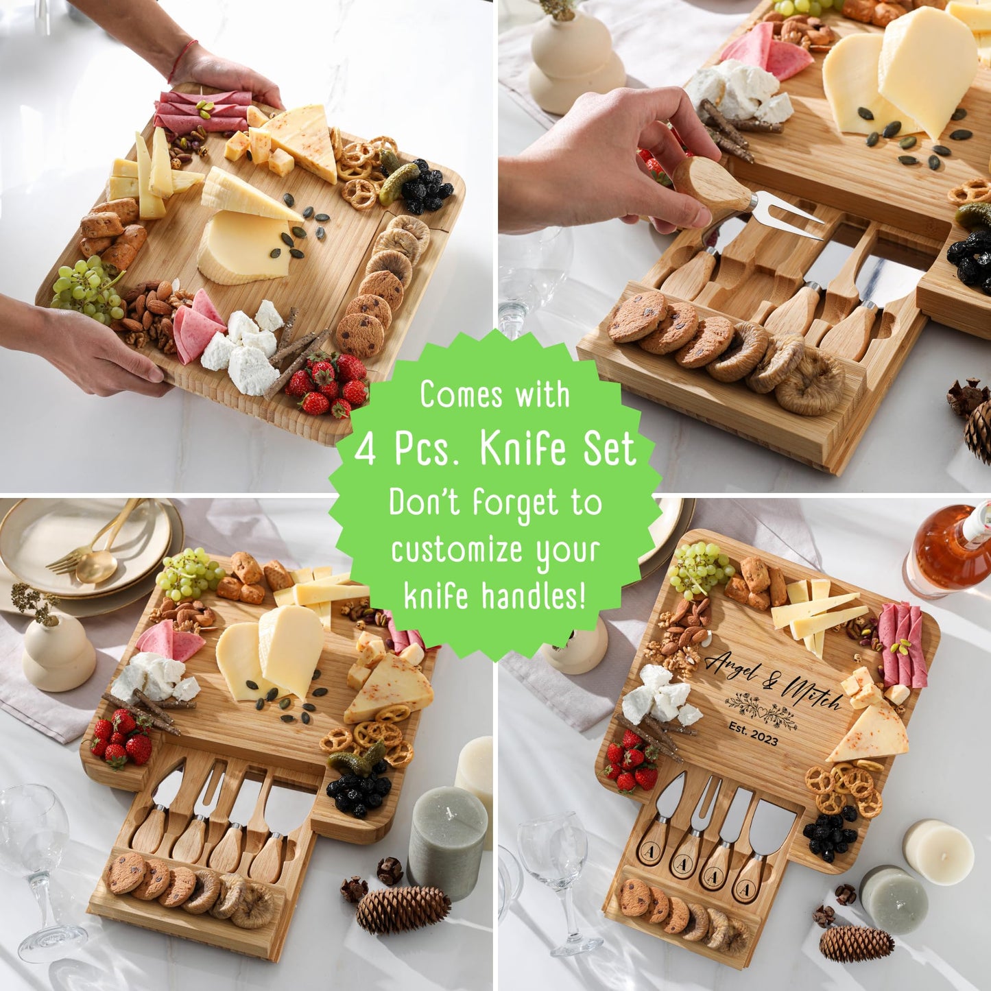 Personalized Charcuterie Boards Gift Set, Custom Engraved Cheese Board, Christmas Gifts for Mom Wedding Gifts for Couples, Bridal Shower, Birthday, Housewarming New Home Gifts for Family or Women