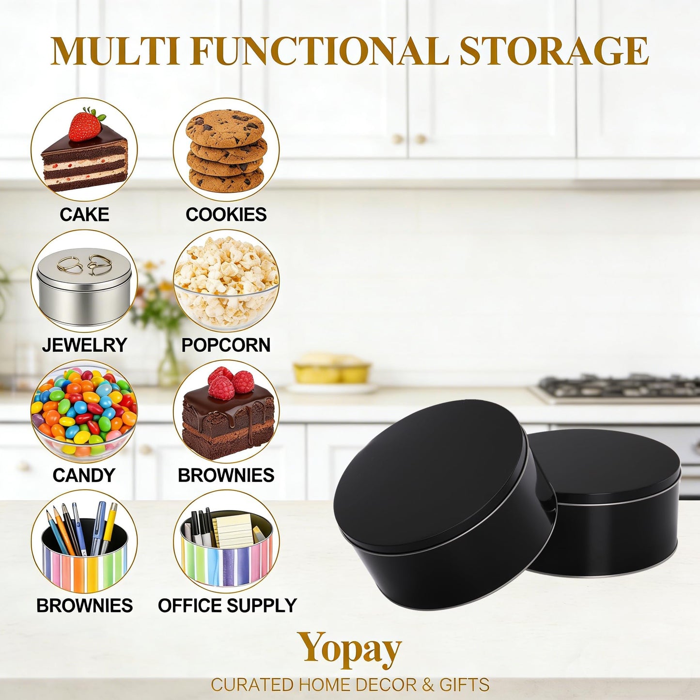 Yopay 3 Pack Cookie Tin with Lid, Round Gift Tin, Black Baking Cake Container for Storing Patisseries, Snack, Chocolate, Easter, Special Occasion, Holidays, 7" Wide by 3.2"" Tall"