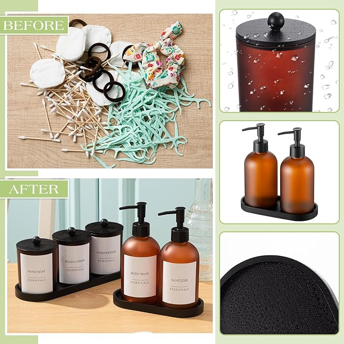 Yaomiao 5 Pack Amber Frosted Glass Bathroom Accessories Set Complete, Kitchen Modern Liquid Soap Dispenser Set with Pump and Wood Tray, Toothbrush Holder Cotton Swab Jars with Lids for Sink Countertop
