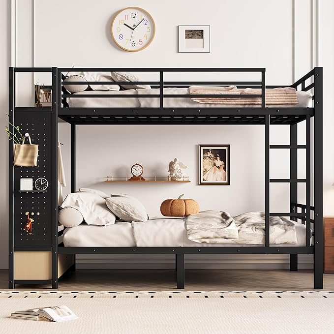 Bellemave Full Over Full Metal Bunk Bed with Storage Drawers and Shelves, Heavy Duty Bunk Beds with Pegboard and Coat Rack for Kids, Adults,Black、