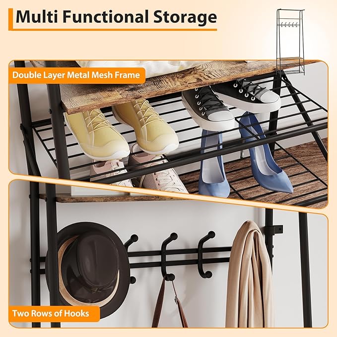 Jojoka 25" Coat Rack, Hall Tree with Shoe Bench and Storage, 4-Tier Shelf with 5 Hooks, Freestanding Metal Entryway Organizer for Hallway, Accent Furniture for Bathroom