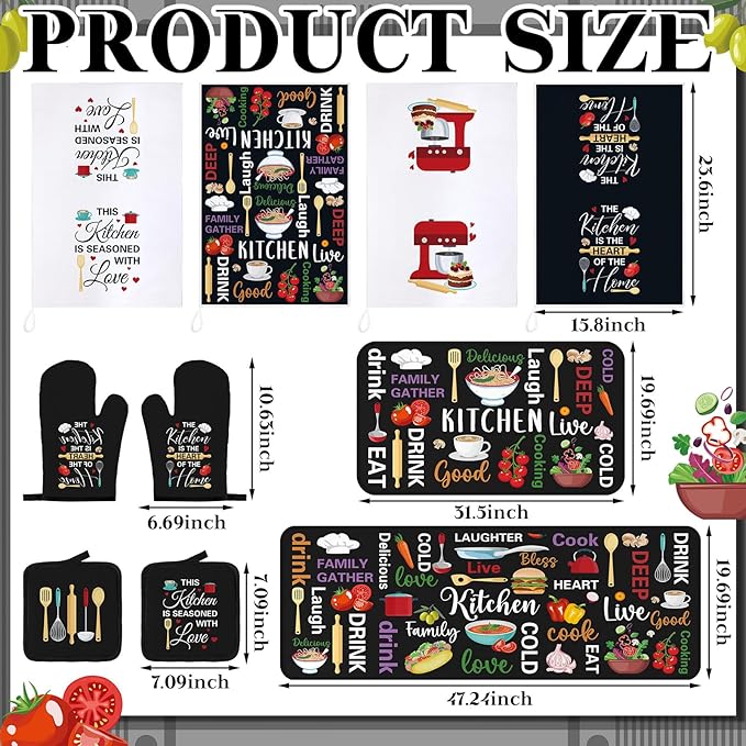 Fourluoo 10 Pcs Farmhouse Kitchen Decor and Accessories Set 4 Kitchen Towels 2 Pot Holders 2 Oven Mitts 2 Rugs for Cooking Baking Mom Housewarming Gifts(Bright Color, Novel Style)