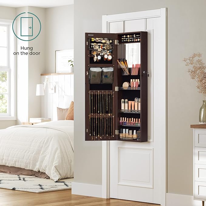 SONGMICS Jewelry Cabinet Armoire with Mirror, Wall or Door Mount Storage Organizer with Full-Length Frameless Mirror, Lockable Cabinet with Built-in Small Mirror, Shelves, Christmas Gift Idea, Brown