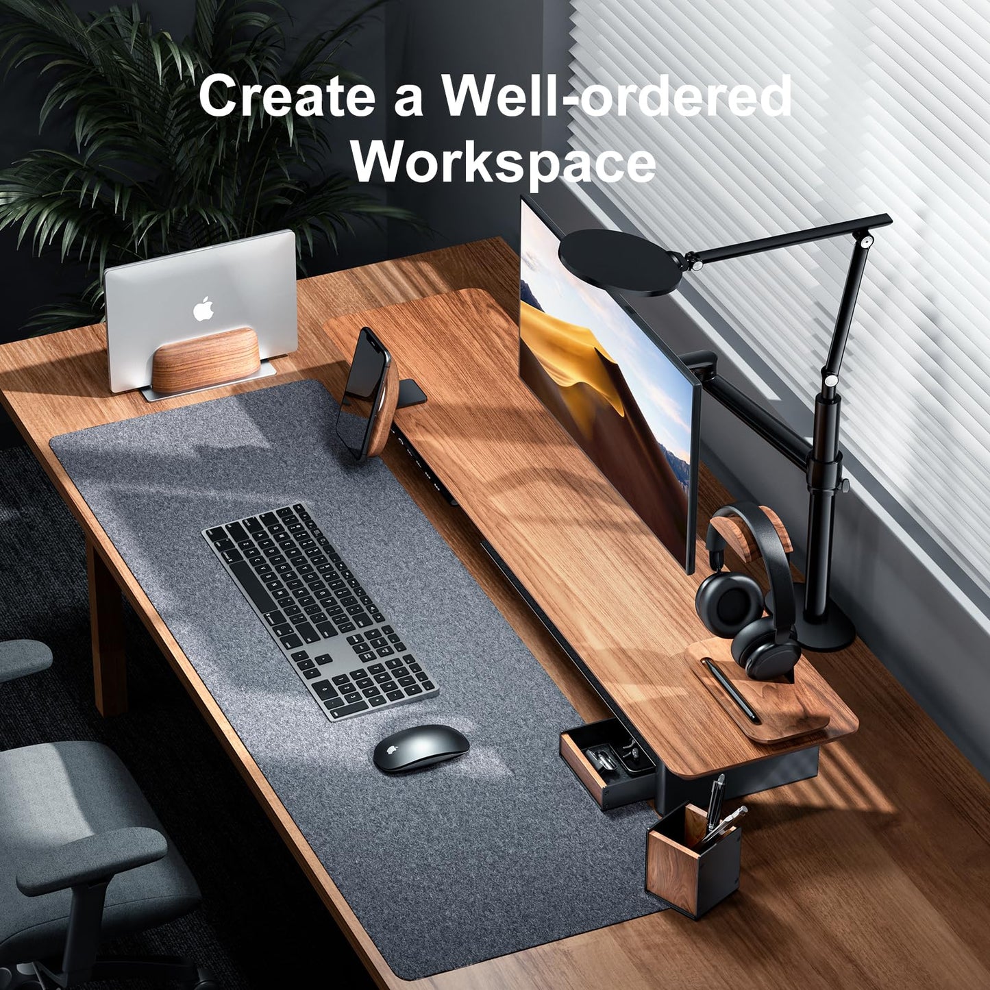 UPERGO Walnut Desk Tray with Pen Holder Set, Natural Wooden Desk Drawer Organizer Office, Organizer Tray for Keys, Pen, Watch