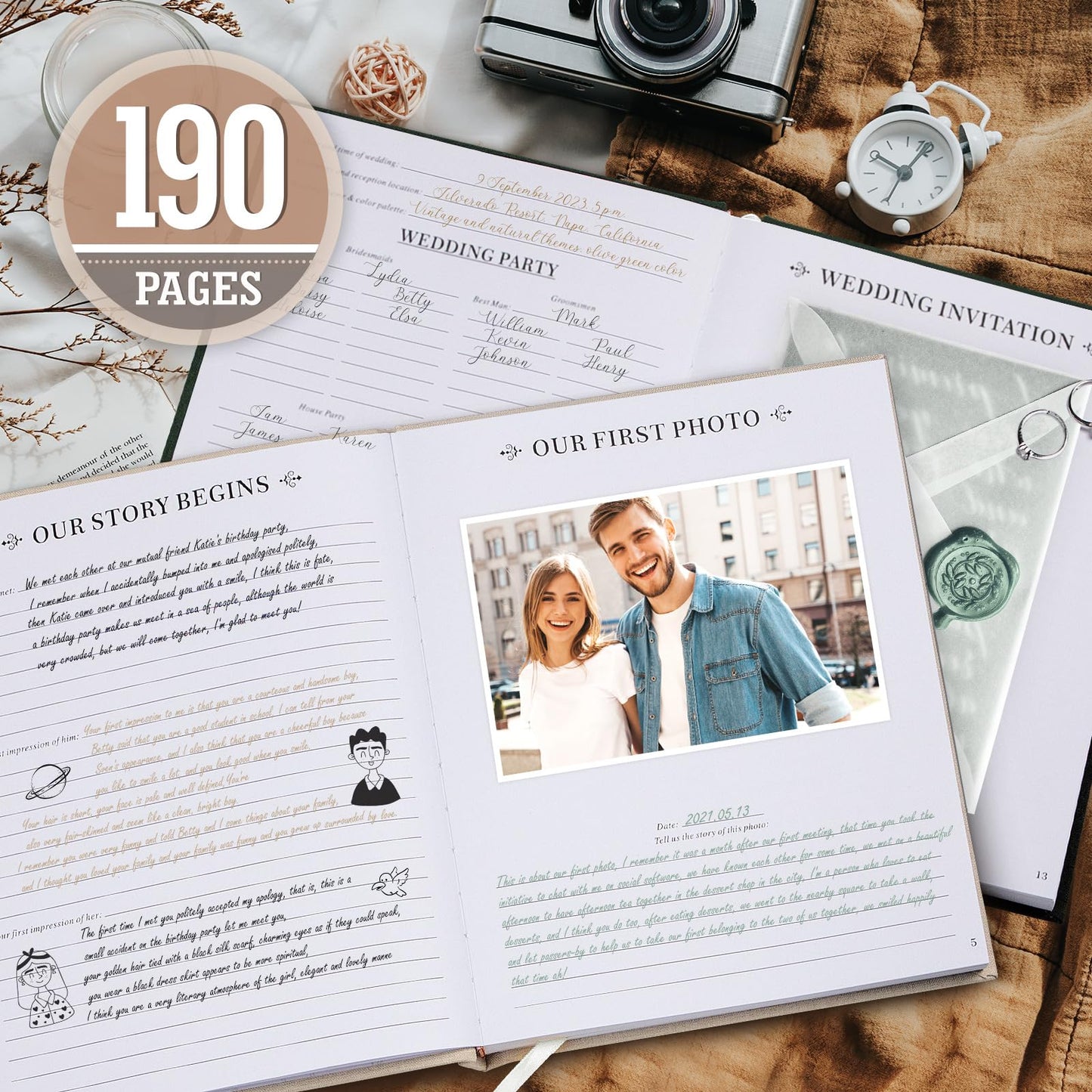Lanpn Wedding Anniversary Journal - The Story of Us, Linen Dating 1st to 70th Couple Memory Book Wedding Scrapbook, 190 Pages Love Stories Notebook Marriage Newlywed Bridal Shower Gift, Beige