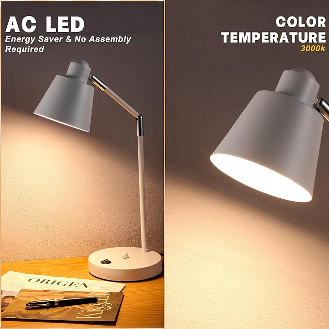 LED Desk Lamp with Dual USB Charging Ports, 100% Metal, 270° Swivel Arms, Soft White Light (3000K), Bedside Reading Lamp, Home Office Lamp(White)