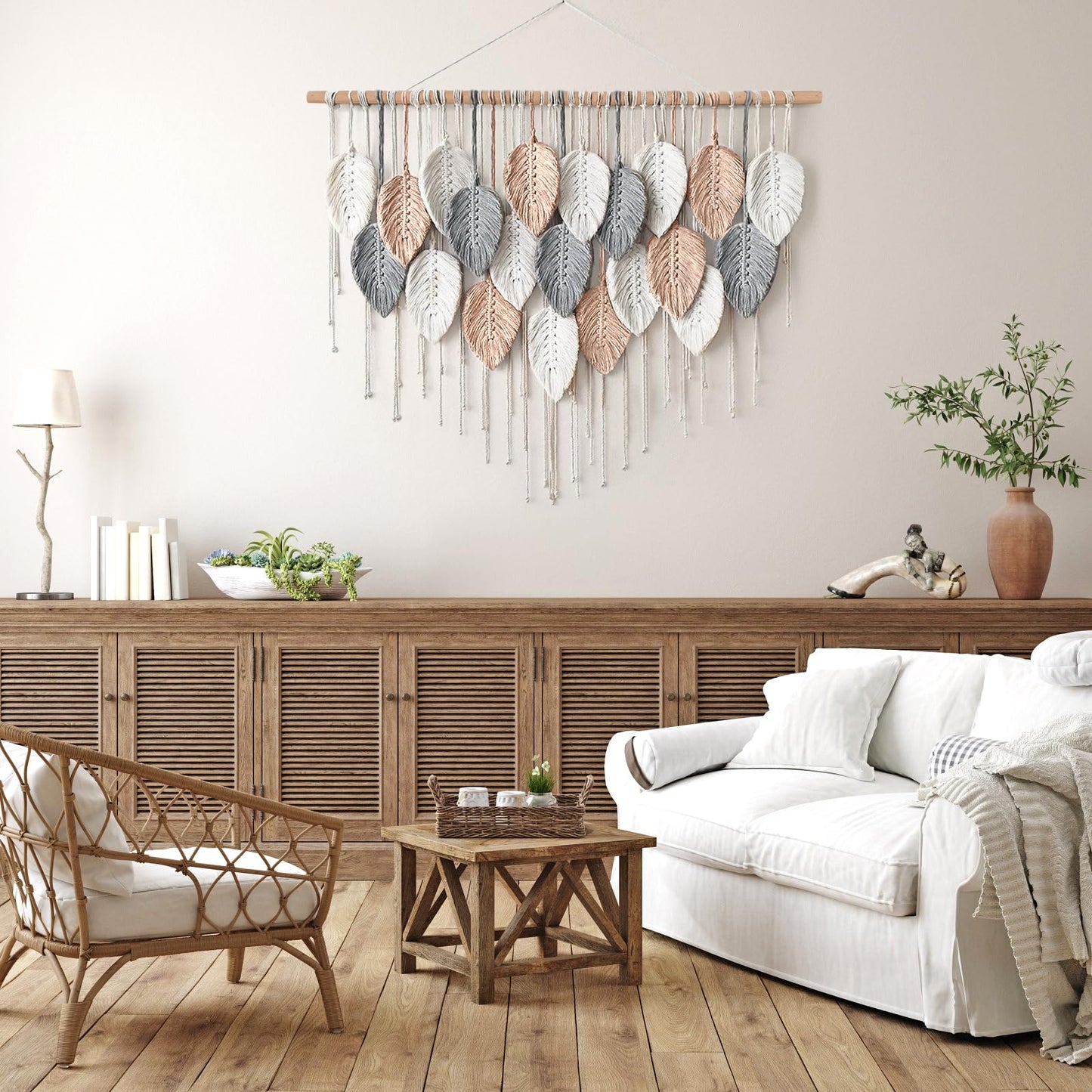 Alynsehom Large Macrame Wall Hanging, Boho Woven Tapestry, Chic Modern Bohemian Handmade Leaf Feather Wall Art Home Decor for Apartment Dorm Living Room Bedroom Nursery Backdrop (39" W X 29.5"" L)"