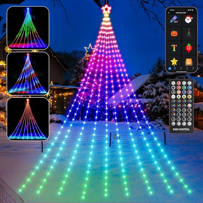 23FT Outdoor Christmas Decorations, Smart RGB Color Changing Christmas Hanging Waterfall String Lights, APP Remote Control, DIY Multi-Color Lightshow, Music Sync, Outside Xmas Lights Decor