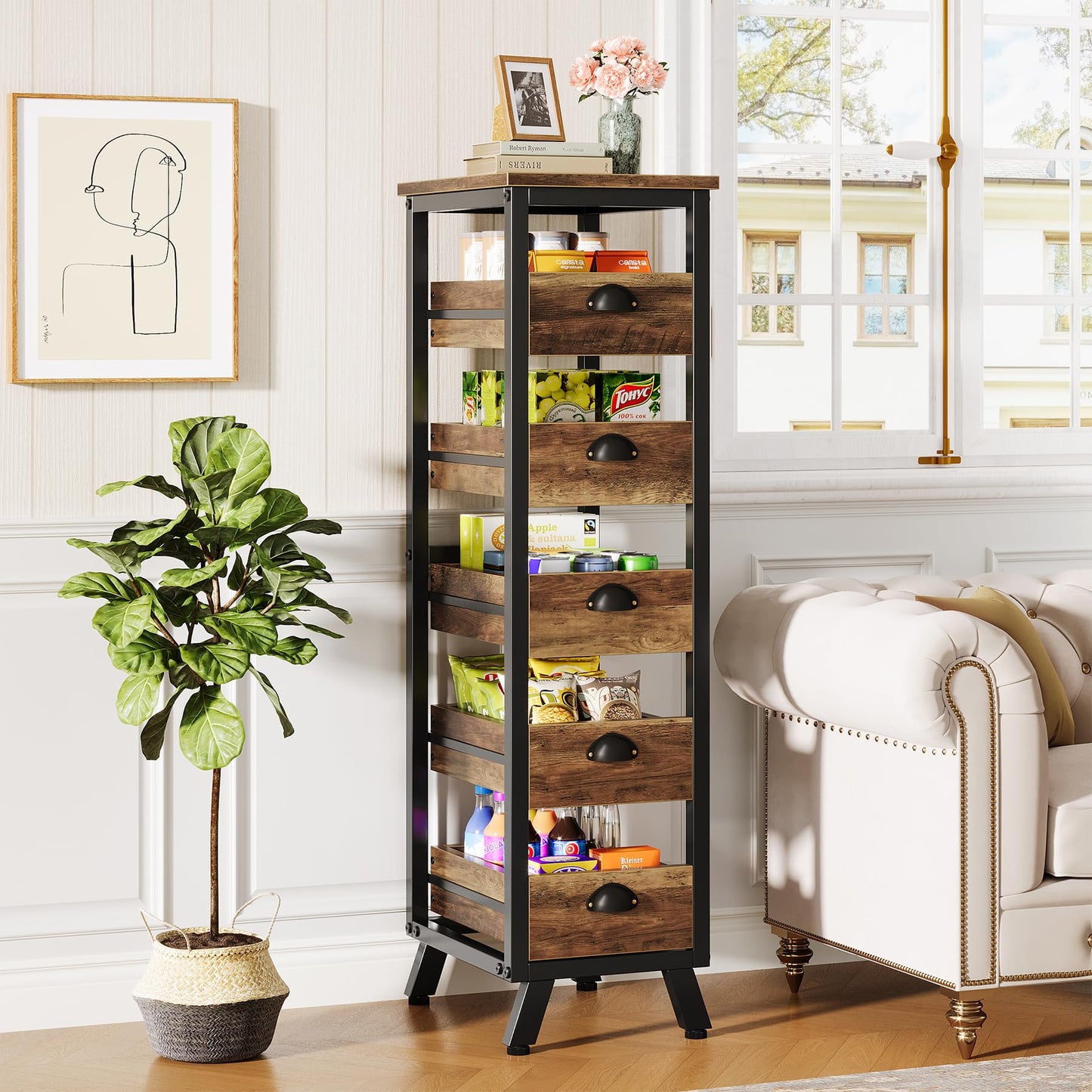 Tribesigns Wood Fruit and Vegetable Storage Rack, 5-Tier Narrow Snack Stand Kitchen Stand Fruit Basket, Pull-Out Utility Organizer for Kitchen, Living Room, Rustic Brown