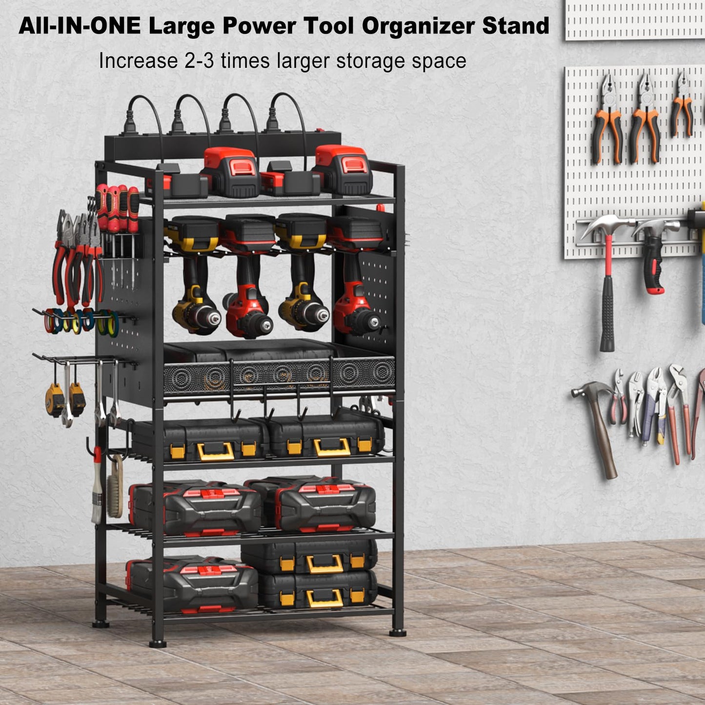 JUNNUJ Power Tool Organizer Floor Stand with Charging Station, Garage Adjustable Storage Rack Utility Tool Shelf with 8 Outlet Power Strip, Heavy Duty Drill and Battery Holder, Black