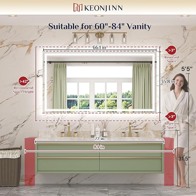 Keonjinn 66" x 36" LED Bathroom Mirror with Frontlit & Backlit, Smart Bathroom Mirror, Safe Tempered Glass, Anti-Fog, 3000K/4500K/6500K, Dimmable, UL-Listed, Bathroom Mirrors for Over Sink