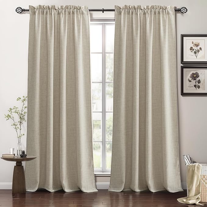 RYB HOME Natural Beige Linen Sheer Curtains 120 inches Long for Living Room and Dining Room, Weave Textured/Rod Pocket, Light Filtering Sheer Curtains and Drapes, W 52 x L 120 inches, 2 Panels Set