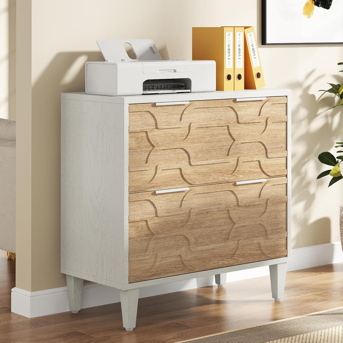 LITTLE TREE 2-Drawer File Cabinet, Lateral Filing Cabinet for A4/Letter/Legal Size, Office Storage Cabinet, Printer Stand with Storage Drawer for Home Office, Wood & White