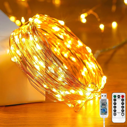 1 Pack 65. 6 ft. USB Powered Fairy Lights with Remote & Timer, 100 LED USB Twinkle String Lights - Silver Wire, 8 Modes, Waterproof, Warm White Starry Lights for Party, Wedding, Christmas