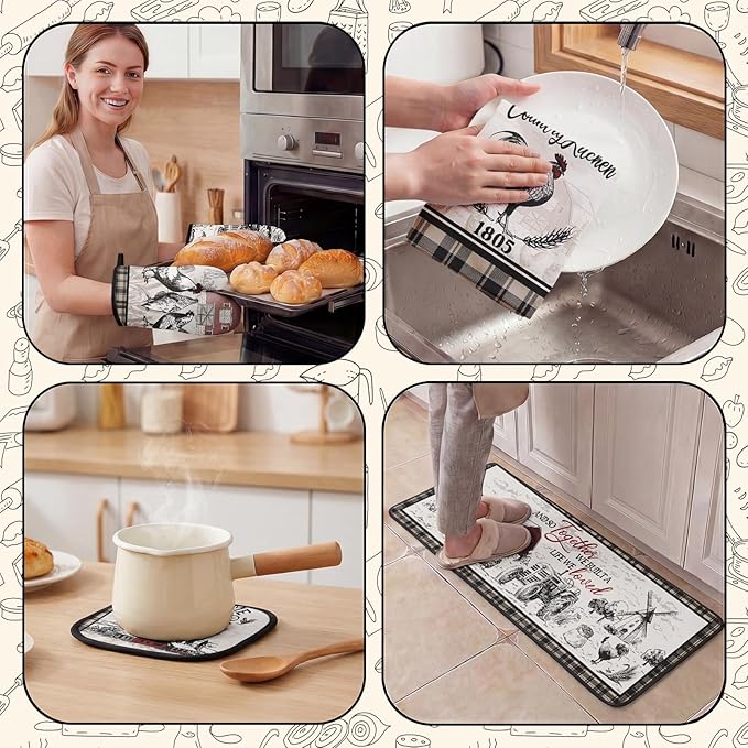 Rooster Kitchen Decor Set 10 Piece - Farmhouse Chicken Red Barn Kitchen Mats, Towels, Oven Mitts and Pot Holders - Primitive Country French Style Home Decoration