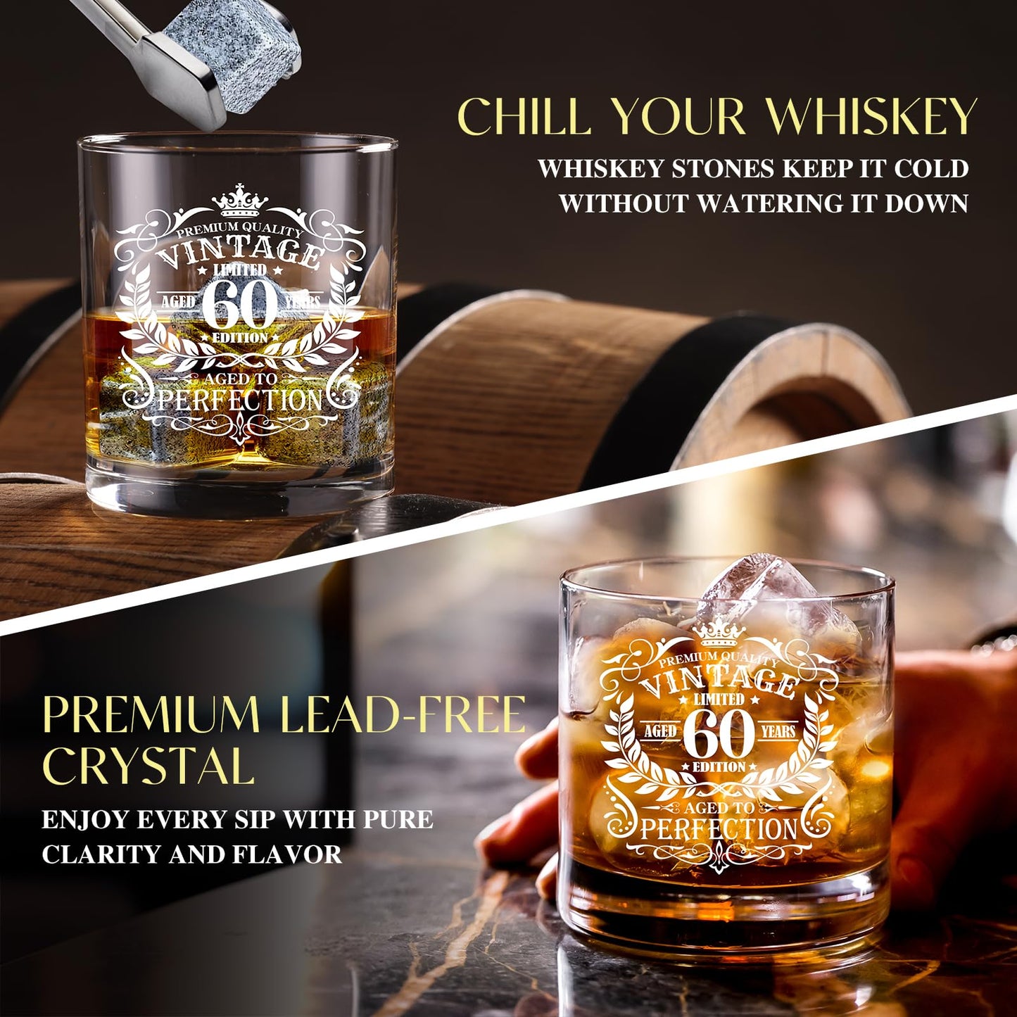 60th Birthday Gifts for Men Whiskey Glass Set, 60th Birthday Party Supplies with 11 Oz Whiskey Glass Coaster Stone Baseball Cap Apron Sock Funny Toliet Paper Keychain for Him, Dad, Husband, Friends
