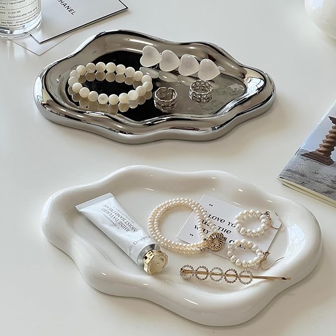 Jewelry Dish - Trinket & Ring Tray, Ceramic, Aesthetic Vanity Decor - Mother's Day, Christmas, Birthday Gift for Women (White)