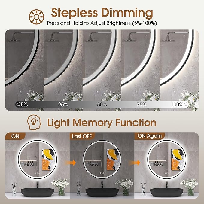 STARLEAD 28" Black Frameless Round LED Bathroom Mirror with Bluetooth Speaker, Dimmable Lighting, 3 Color Modes, Anti-Fog, Touch Control Wall Mounted Vanity Mirror