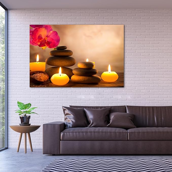 Zen Wall Art Decor, Modern Bathroom Zen Decor Wall Art, Large Zen Relaxing Canvas Wall Art for Spa Room Decor, Black Pebble and Lighted Candles Zen Art Prints for Office & Spa Wall Decor 32x48 Inches