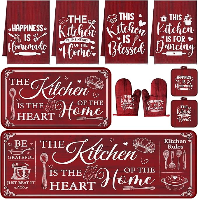Fourluoo 10 Pcs Farmhouse Kitchen Decor and Accessories Set 4 Kitchen Towels 2 Pot Holders 2 Oven Mitts 2 Rugs for Cooking Baking Mom Housewarming Gifts(Red,Classic Style)