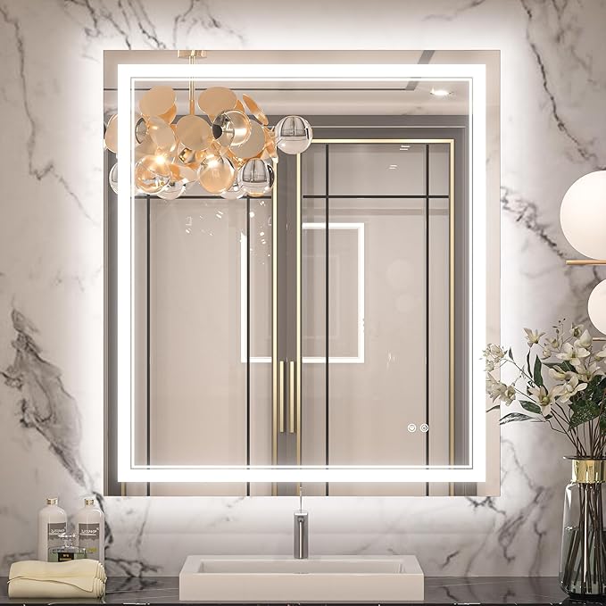 Keonjinn 32" x 36" LED Bathroom Mirror, Frontlit & Backlit Bathroom Mirror with Lights, 3 Color Lights, Dimmable, Defogging, Tempered Glass, Smart Memory Function, Light Up Mirror for Wall