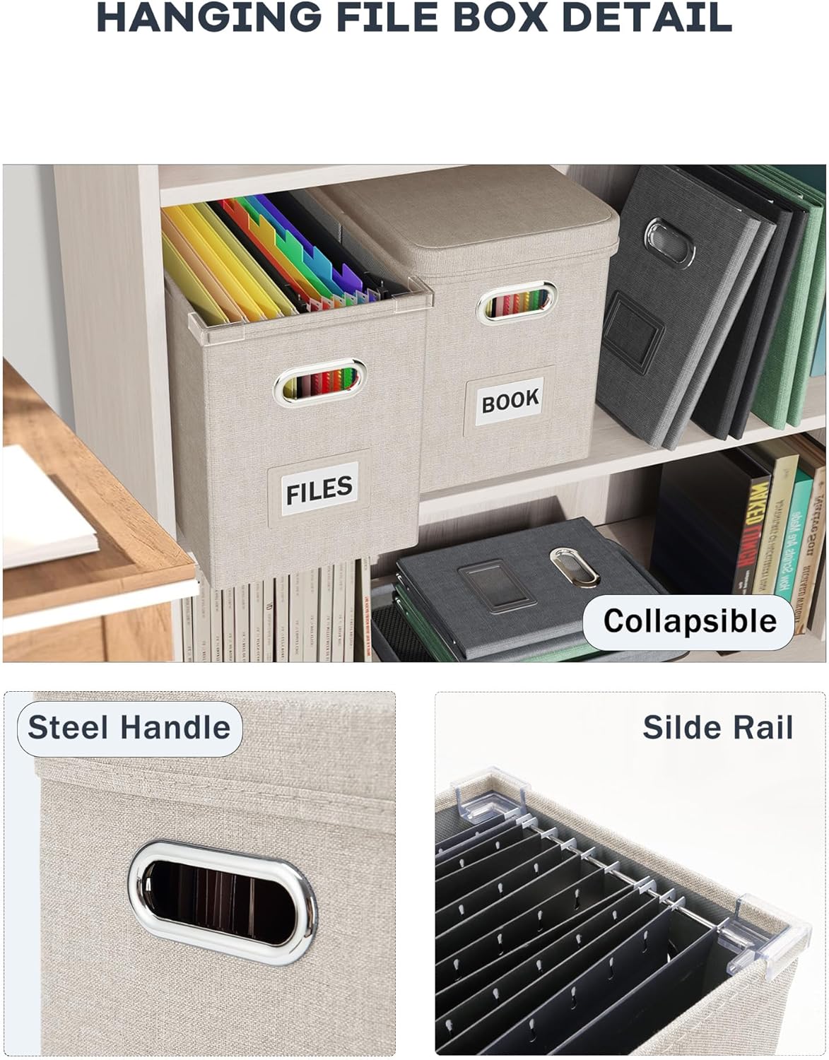 Oterri File Organizer Box with Lid, Hanging Filing File Box with Mesh Pocket, Document Organizer Box for Letter Files, Portable Storage Box with Smooth Sliding Rail for Office&Home (1 PCS, Beige)