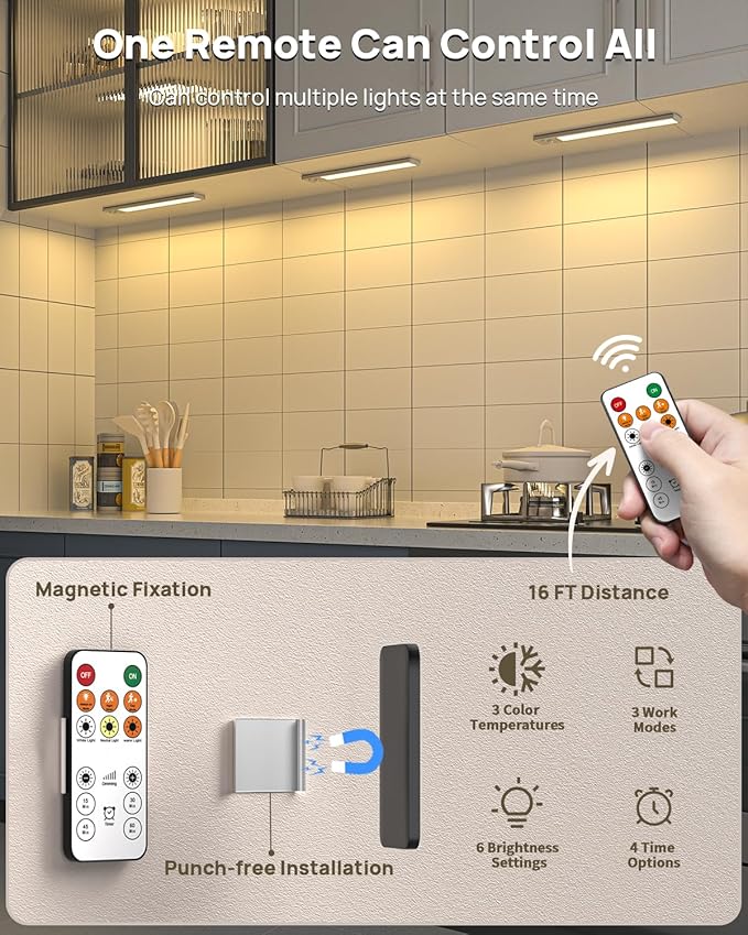 Under Cabinet Lights with Remote Control,12 inch Rechargeable 2500mAh Battery 350 Lumen Motion Sensor Indoor Light,3Pack Wireless Under Counter Light,3 Color Dimmable for Kitchen,Wardrobe,Closet