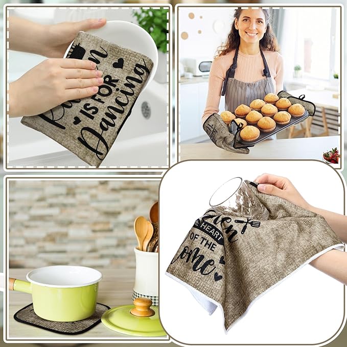 Fourluoo 10 Pcs Farmhouse Kitchen Decor and Accessories Set 4 Kitchen Towels 2 Pot Holders 2 Oven Mitts 2 Rugs for Cooking Baking Mom Housewarming Gifts(Vintage Color,Classic Style)