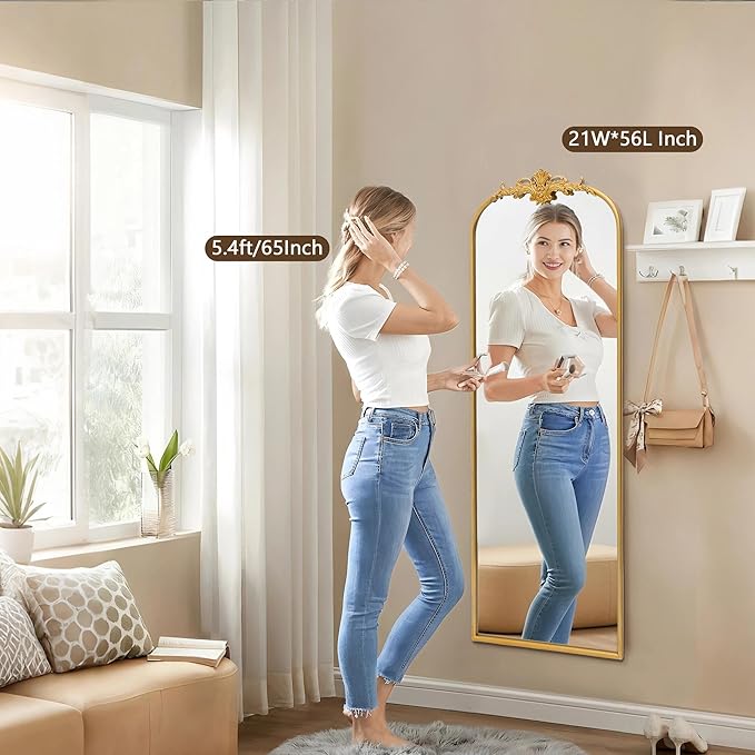 Besdomus Antique Full Length Mirror: 21"x56" Gleaming Gold Arched Full Body Mirror - Floor Vintage Baroque Traditional Ornate for Entryway/Cloakroom/Bedroom - Home Decor for Interior Designers