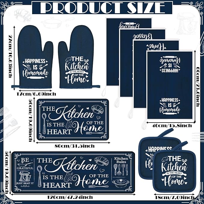 Fourluoo 10 Pcs Farmhouse Kitchen Decor and Accessories Set 4 Kitchen Towels 2 Pot Holders 2 Oven Mitts 2 Rugs for Cooking Baking Mom Housewarming Gifts(Dark Blue,Classic Style)