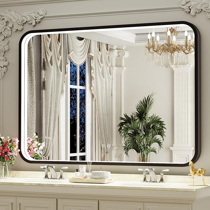 40X30 Inch Black Bathroom Mirror with LED Lights,Metal Frame Lighted Vanity Mirror,Anti Fog Design&Dimmable&Touch Switch, Wall Mounted Makeup Mirror for Home Decor(Horizontal/Vertical)