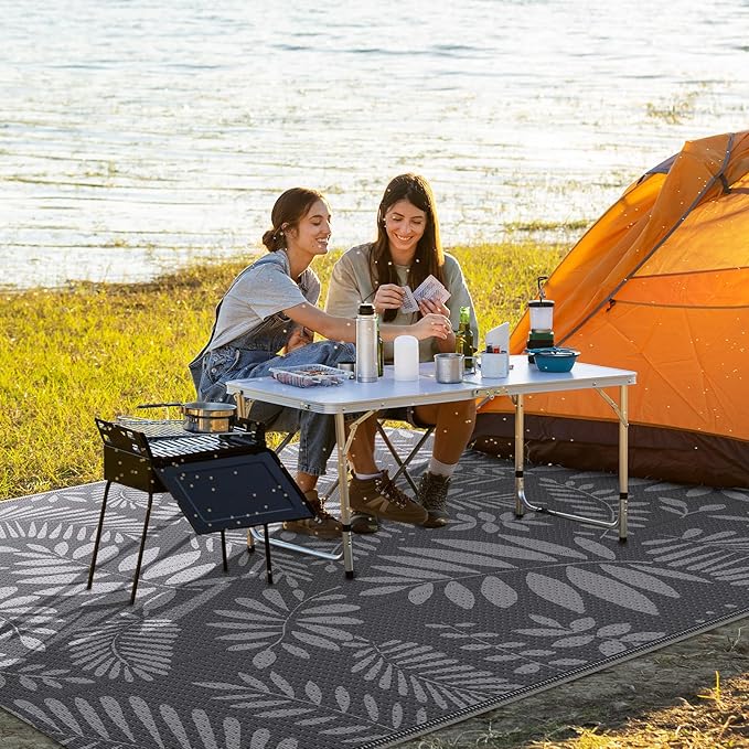Outdoor Rug, Patio Rug, Plastic Straw Camping Rugs, Large Waterproof Area Rug and Mat for Outdoors, RV, Patio, Backyard, Deck, Porch, Beach, Balcony, (6'x 9', White&Gray)