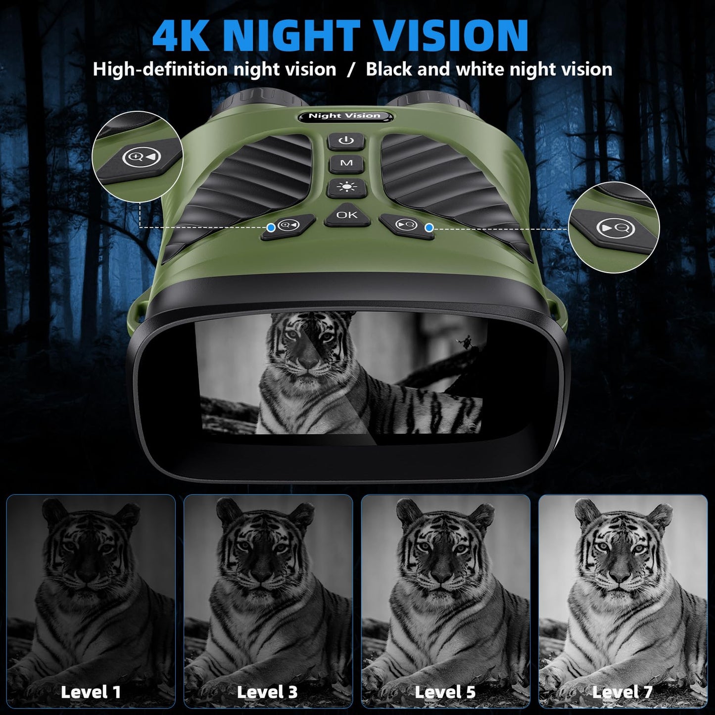 Night Vision Goggles - 4K Night Vision Binoculars with 48MP and 3 Inch Display, 8X Digital Zoom and 7-Level Infrared Black with White, Backlit Buttons, Type-C Fast Charging & Detachable Battery