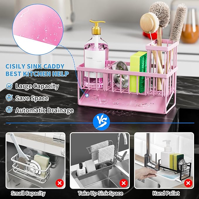 Cisily Pink Kitchen Sink Caddy Organzier with High Brush Holder, Sponge Holder for Sink, 304 Rustproof Stainless, Kitchen Countertop Soap Dispenser Organizer