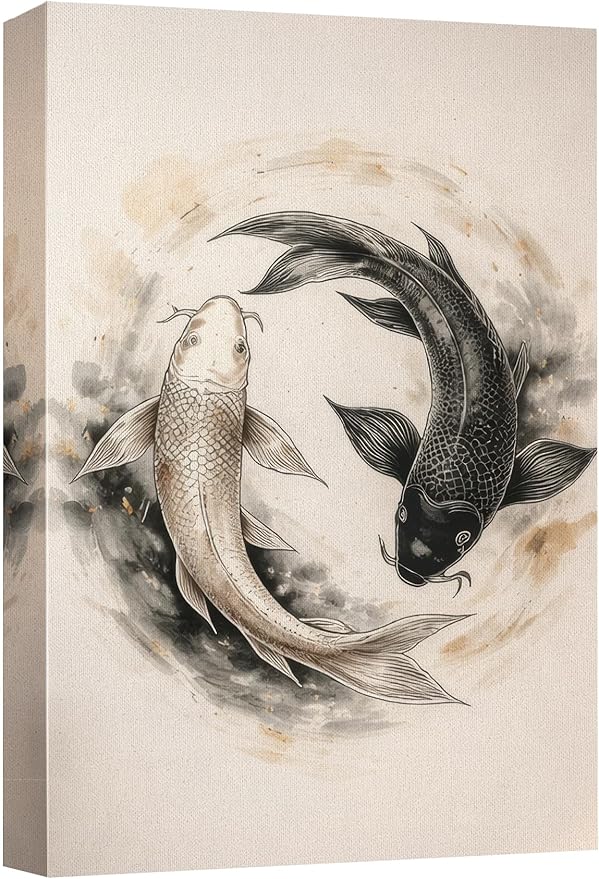 wall26 Canvas Print Wall Art Yin Yang Koi Fish Circle Minimal Asian Inspired Photography Realism Rustic Colorful Multicolor for Living Room, Bedroom, Bathroom - 32"x48"