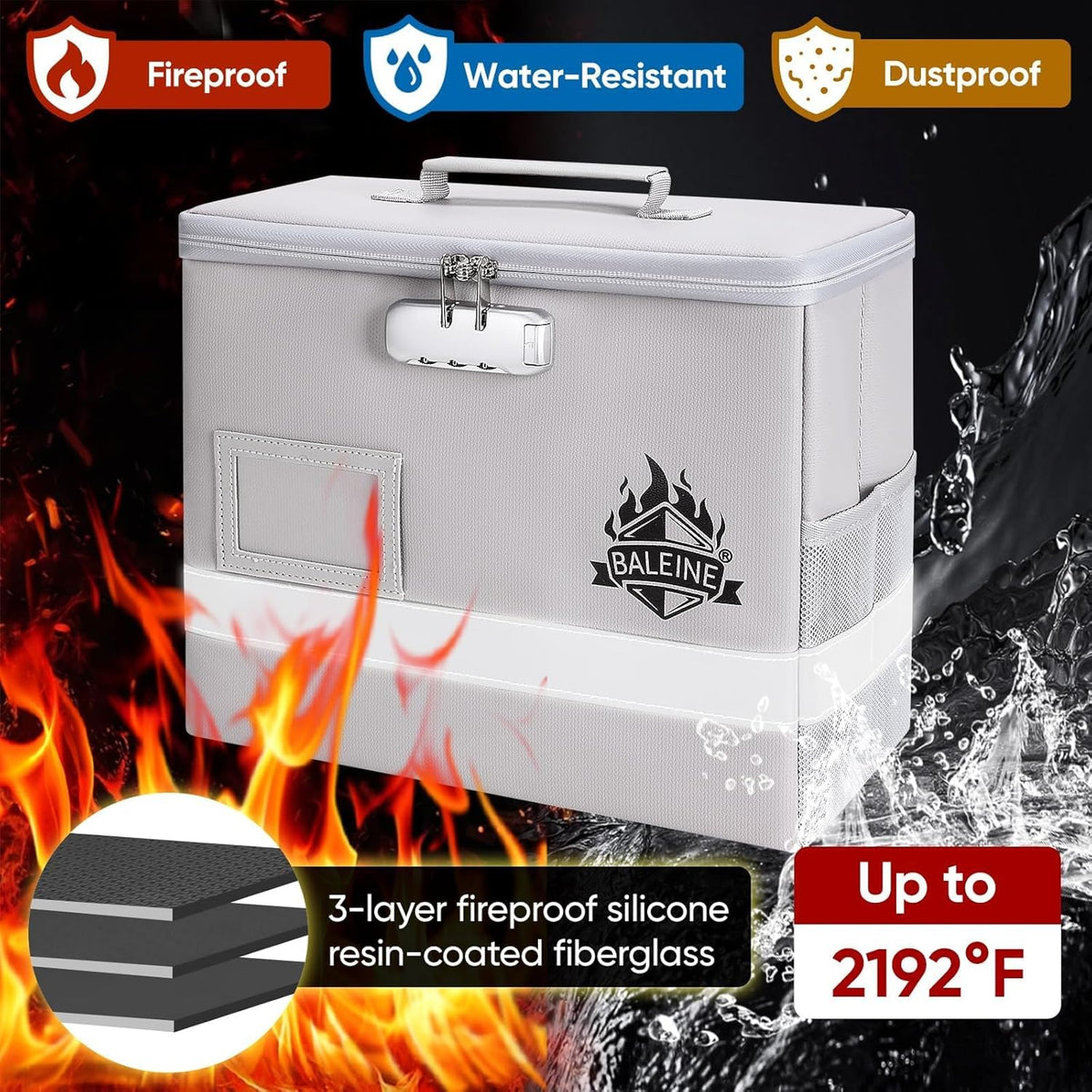 BALEINE Fireproof Document Box with Lock, Portable Fireproof Document Bag Waterproof Fire Proof File Boxes for Documents, File Organizer Box for Important Paperwork (Silver, 12.5''x10.5''x6'')
