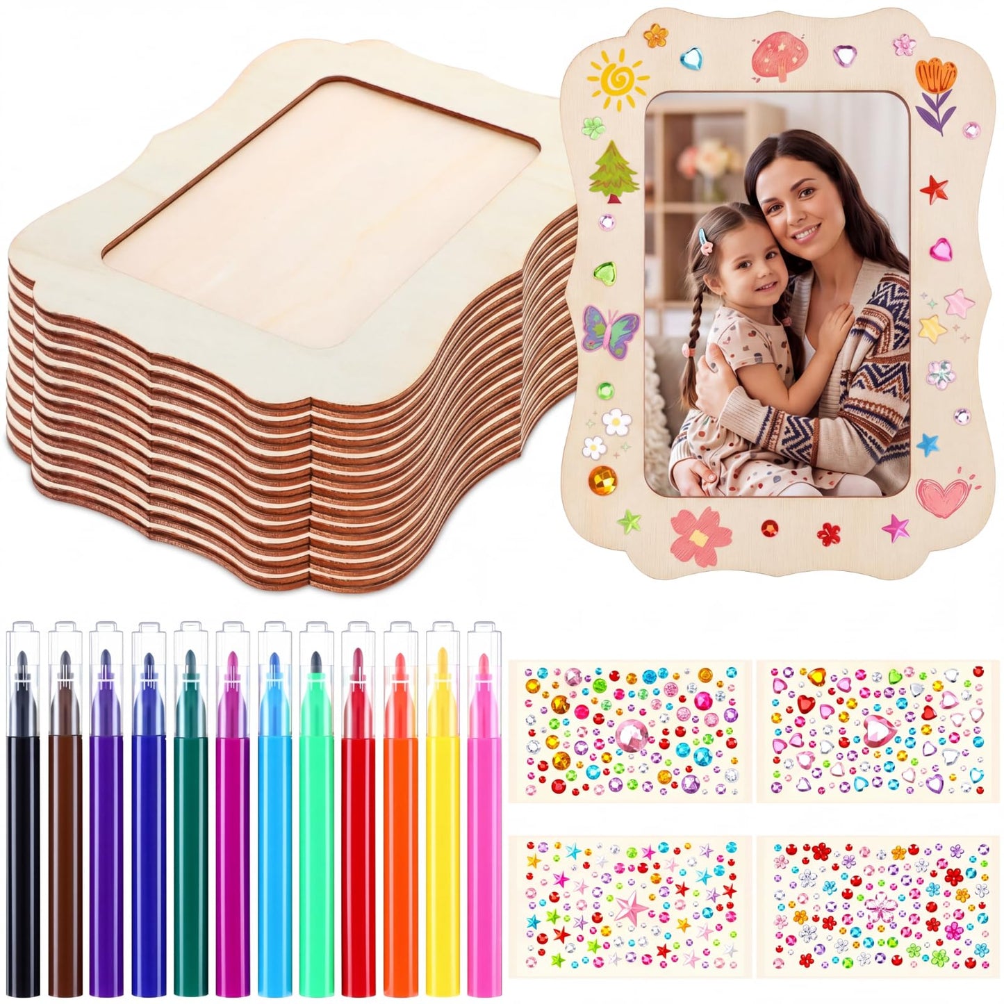 Yalikop 12 Pack Wooden Picture Frames Painting Craft Kit with Stickers DIY Wood Craft Picture Frames Bulk for 4" x 6"" Photos Unfinished Standing Photo DIY Crafts for Birthday Mother's Day Gift"