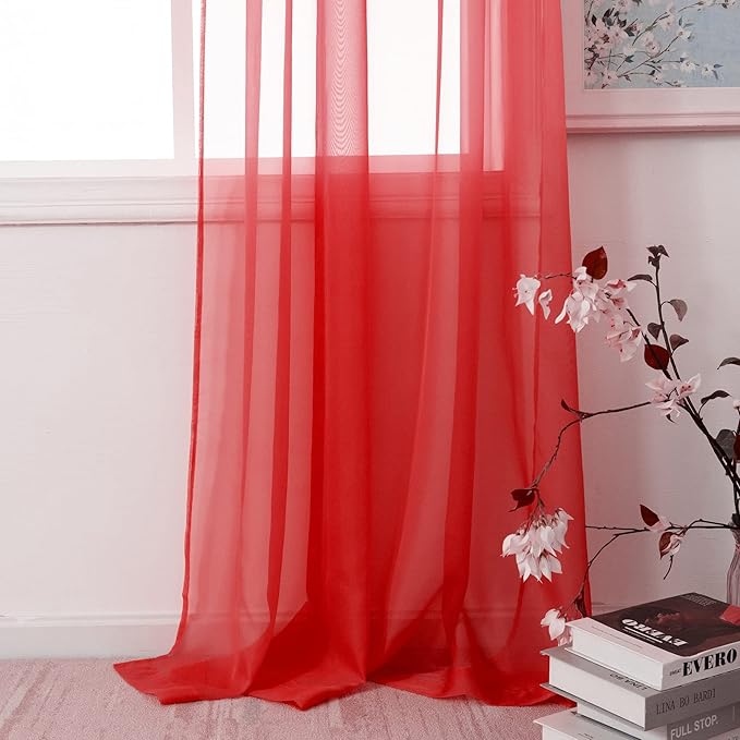 HUTO Christmas Red Sheer Curtains 54 inches Long for Bedroom Top Rod Pocket Sheer Window Panels Curtains for Nursery Living Room 52 by 54 Inch Length Set of 2