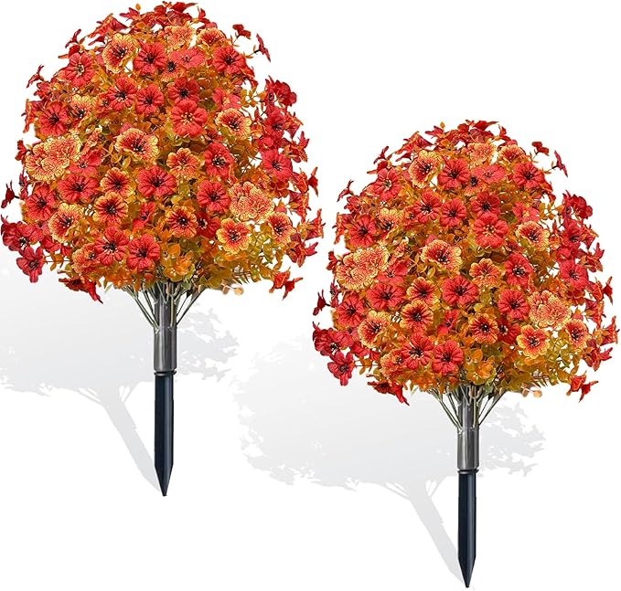 2 Pack Fall Artificial Mums Topiary Ball Tree with Ground Spike Boxwood 25" UV Resistant Fake Greenery Shrub Faux Violet Plant Fall Decorations Flower for Garden Yard Porch Patio Autumn Outdoor Decor