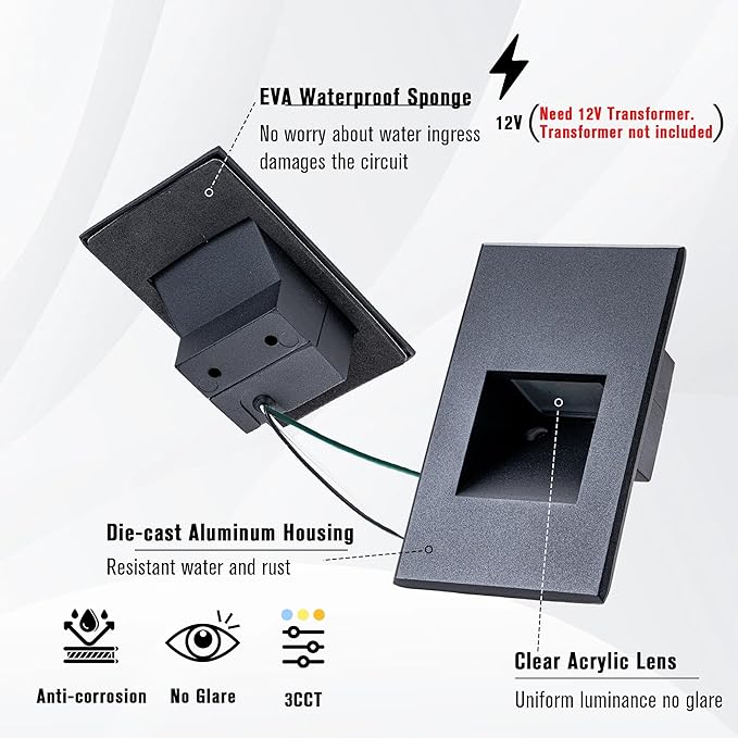 LED Step Lights - Outdoor & Indoor Stair Lights, 12V, 3CCT Color Changing 3000K/4000K/5000K, 4W, 150LM IP66 Waterproof, Black, 6-Pack