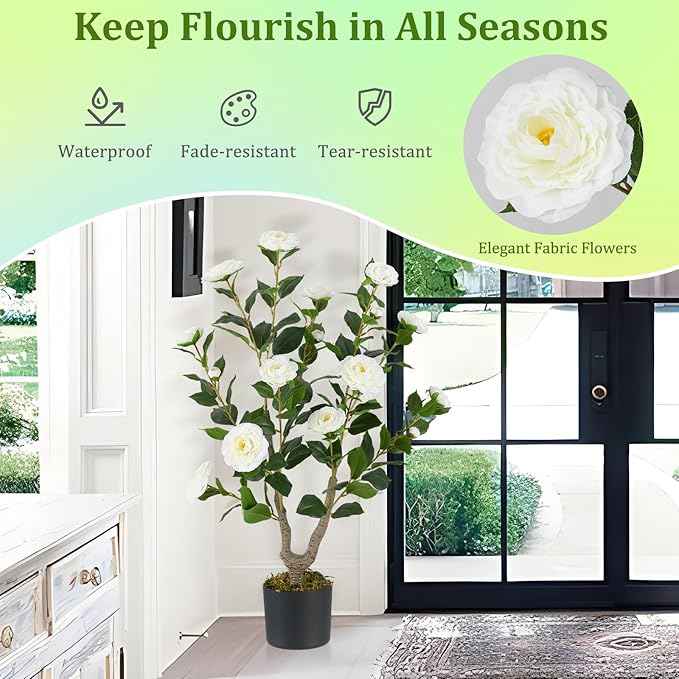 GOFLAME 3FT Artificial Camellia Tree, Faux Camellia Plant with White Flowers, Solid Wood Trunk, Realistic Moss, Greenery Potted Decoration Tree for Indoor Outdoor Home Porch Front Door
