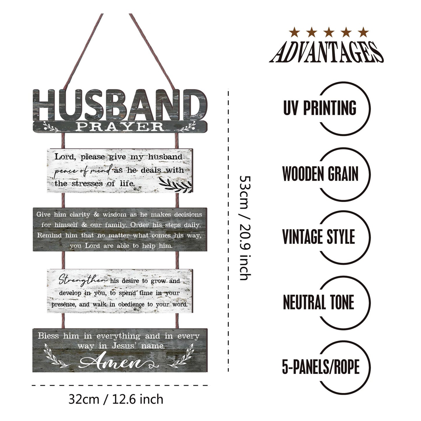 Yudarte Prayer for Husband Rustic Wall Sign with 5pcs Panels Strung Together - Christian Religious Inspiring Farmhouse Home Decor - Sweet Warming Gifts for Men,Him,Guy