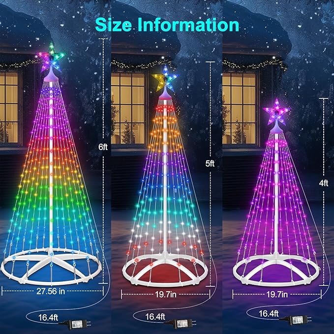 3 Pack Smart Christmas Cone Tree Lights App Controlled, 4FT 5FT 6FT RGB Color Changing Christmas Trees Music Sync, Goup Control, Magical Xmas Tree Lightshow for Yard Indoor Outdoor Christmas Decor